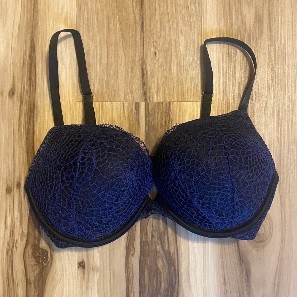 Victorias Secret Bombshell Plunge Bra 36C Navy Blue Black Lace Underwire 349277
